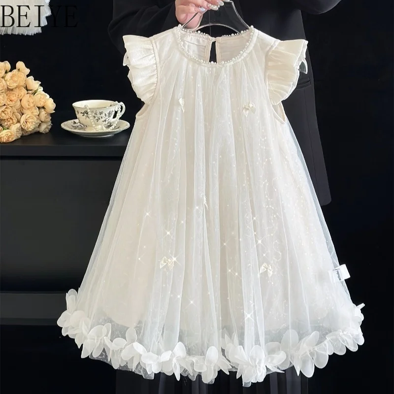 White Glitter Tulle Princess Girls Dress Pearl Neck Ruffle Cap Sleeve Bow Floral Dress Kids Wedding Flower Baptism Tutu Gown