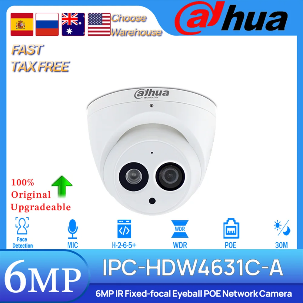 DAHUA Original IPC-HDW4631C-A 6MP Network POE IP Camera Built-in MIC 30M IR IVS Tripwire Intrusion Face Detect H.265 DMSS Metal