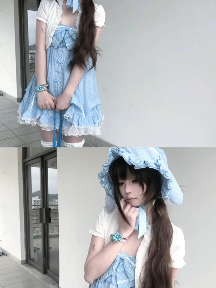 Y2k Japanese Vintage Suits Women Sweet Lolita Lace Tops High Waist Casual Dress 2 Piece Sets Kawaii Casual Fashion Outfits