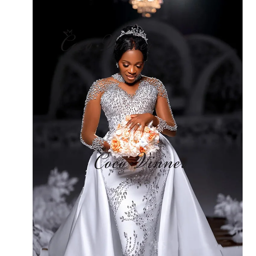 Vestido de novia de satén personalizado de alta calidad 2 en 1 estilo vestidos de novia de sirena con pedrería pesada con tren desmontable W1407