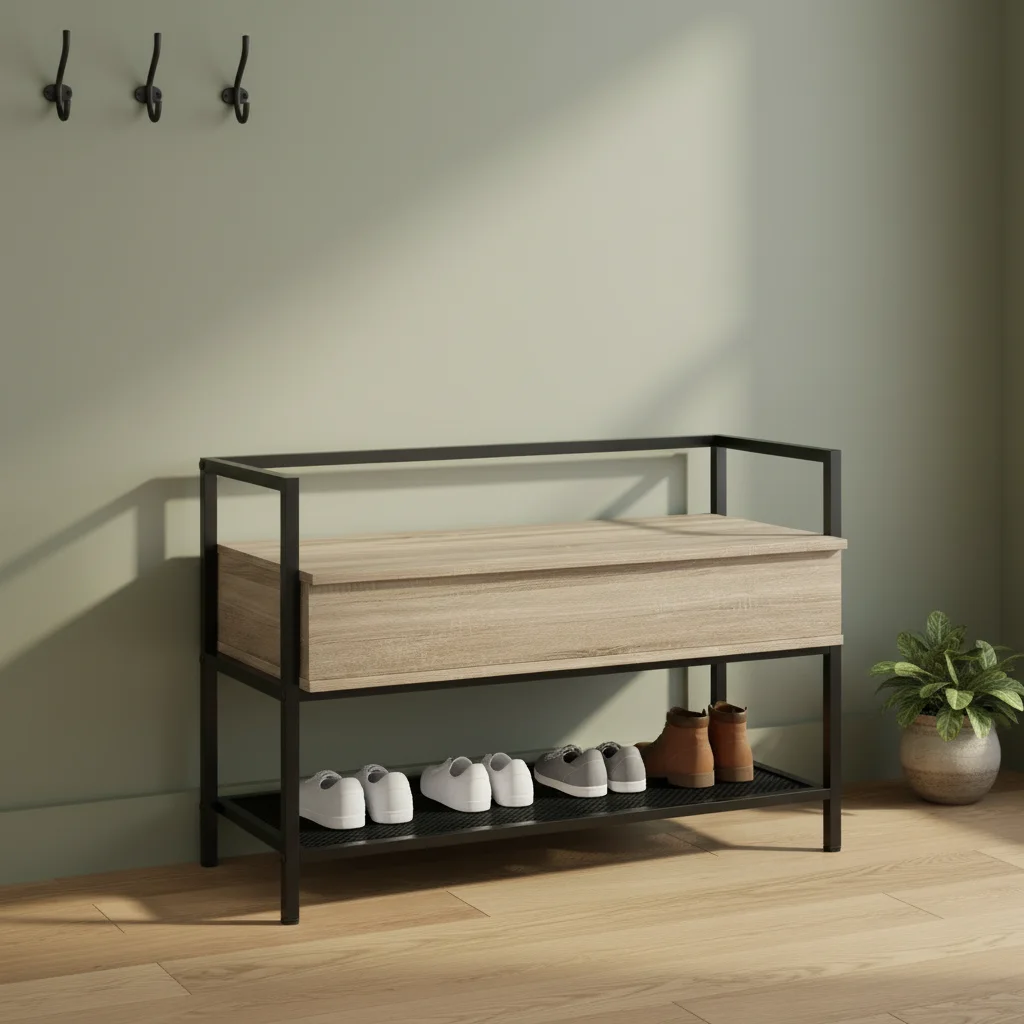 xx-Industrial Steel Metal Oak Tipping Bucket Shoe Cabinet Organizer Furniture Rack for Hotel Entryway