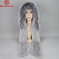 Winter Thick Women 100% Natural Fox Fur Hat Scarves Lady Warm Fluffy Real Rex Rabbit Fur Hat Scarf Luxury Knit Fur Caps Muffler