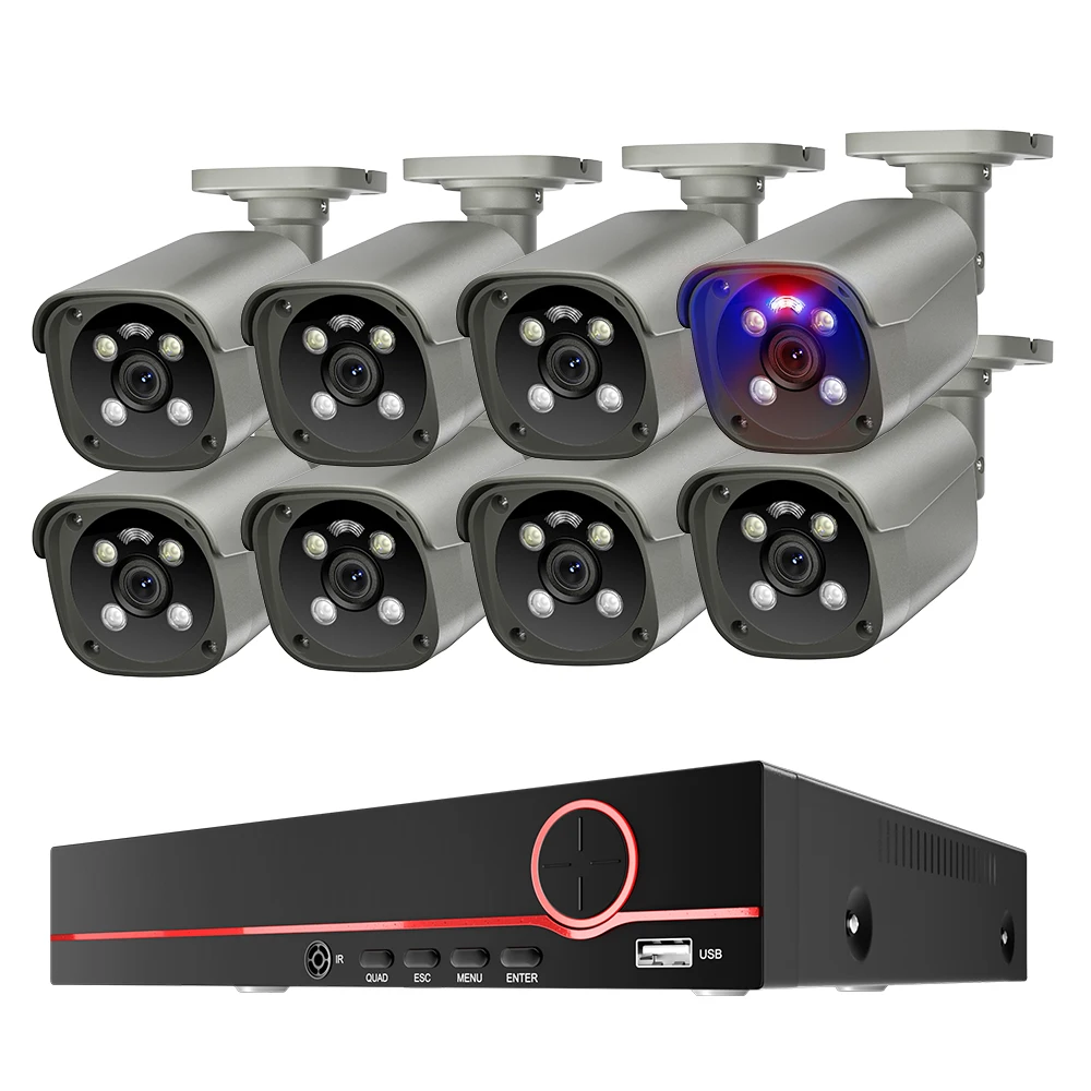 

4K 8CH Red-Blue Light Alarm Poe Camera CCTV Security Camera System Two-way Audio Surveillance Camera System