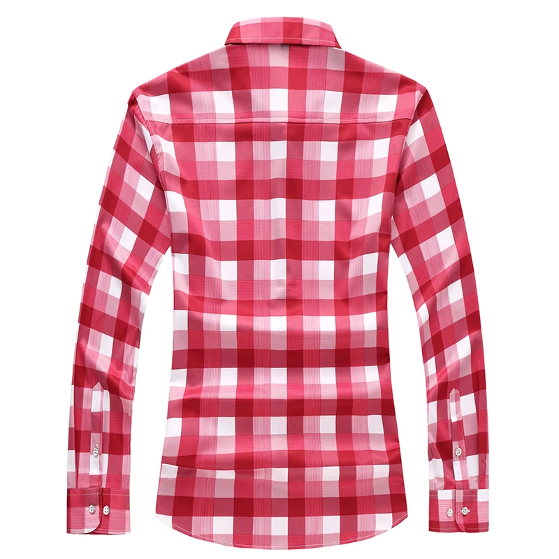 Large Size 7XL Male Long Sleeve Plaid Shirt Red / White Fashion Men Business Social Wedding Party Casual Dress Shirts