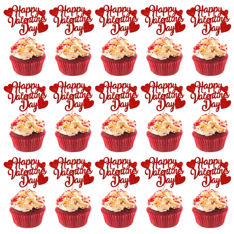 24Pcs Happy Valentines Day Cupcake Toppers Glitter Red Cupcake Picks Wedding Decorations Gift for Valentine\'s Day Party Supplies