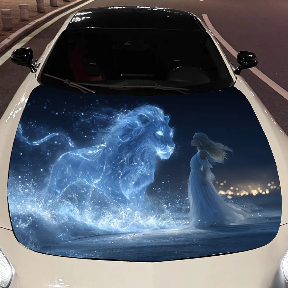 Starry Blue Lion and Woman in White Car Vinyl Wrap, PVC Material Waterproof Car Hood Sticker, Self-Adhesive Scratch-Resistant St