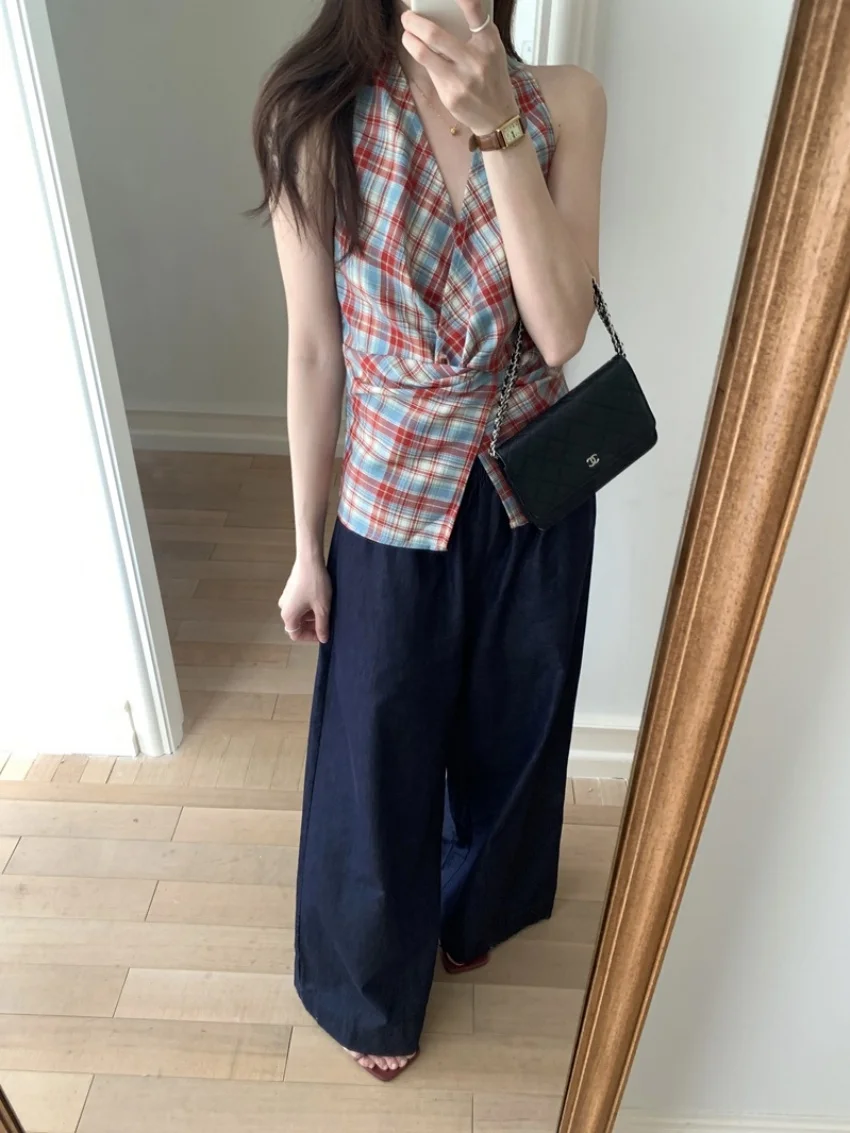 

Alien Kitty Holiday Halter Vest Plaid Slim Gentle Blouses New Straight Summer 2025 Elegant High Waist Denim Jeans Office Lady