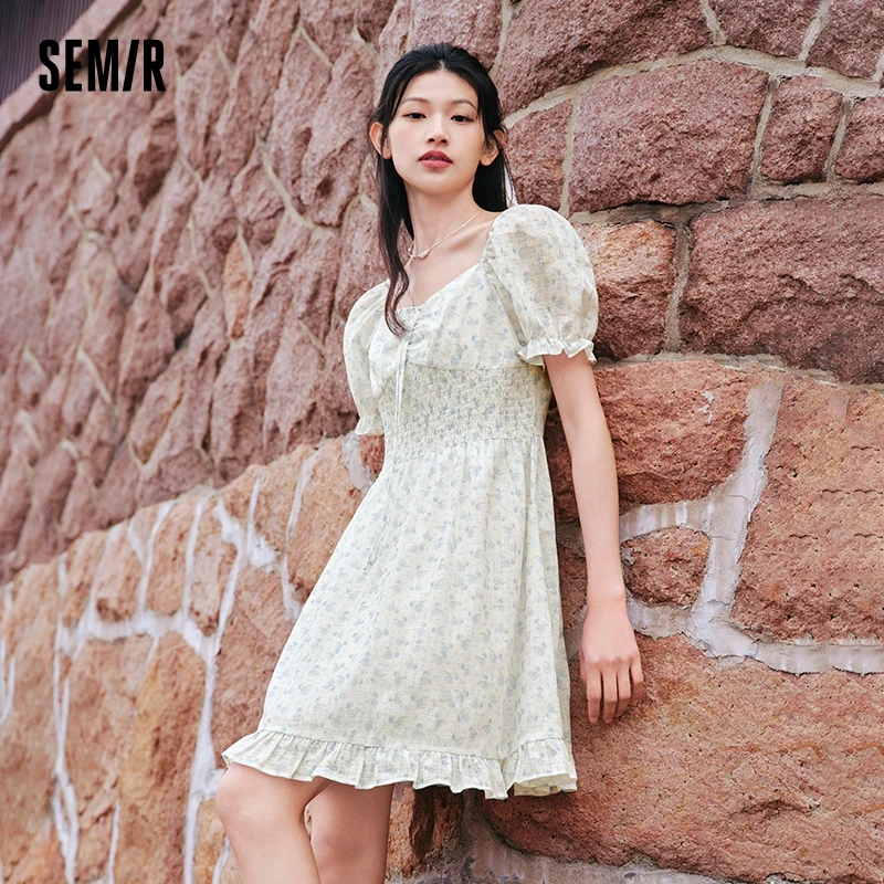 Semir Ruffled Hem Chiffon Mini Skirt Women Floral Print Short Dress 2024 New Square Neck Waist-drawing Romantic Dress