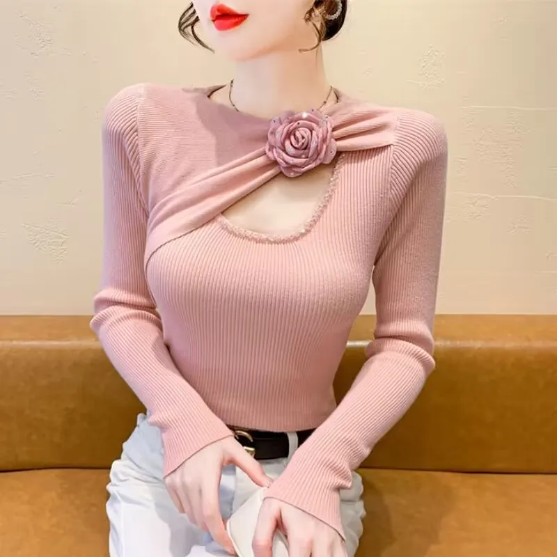 Three-dimensional Flowers Knitted Sweater 2026 Spring Autumn Women Long Sleeve T-shirt Tops Elegant Ladies Rhinestone Base Shirt