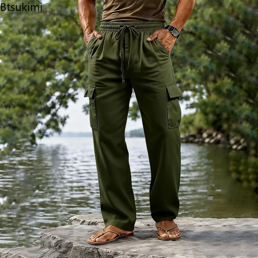 New Men's Vintage Loose Straight Cargo Pants Spring Summer Streetwear Casual Breathable Trousers Men Daily Leisure Linen Bottoms