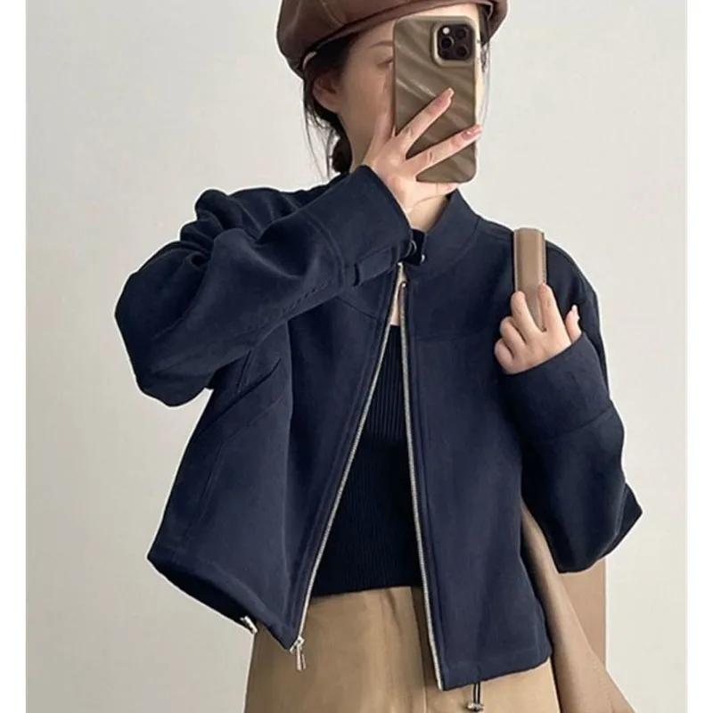 Retro feminino gola forrado outwear avançado feminino mangas compridas jaqueta primavera outono senhoras moda zíper locomotiva casaco