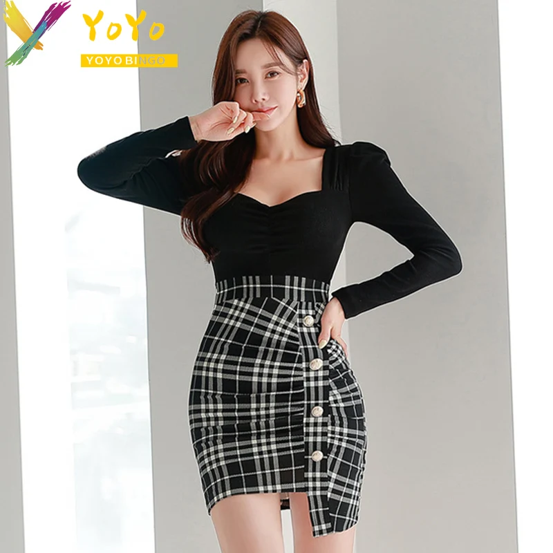 

2024 Spring Fashion Black Plaid Spliced Square Neck Bubble Sleeves Irregular Dress Slim Bodycon Elegant Office Dress