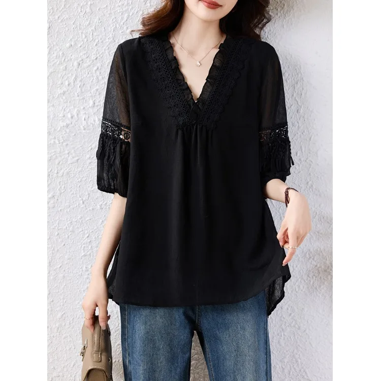 Giuntura in pizzo scava fuori V-Ne Loose irt Colore da donna dimagrante Taglia grande disponibile Cotone estivo Colore puro irt