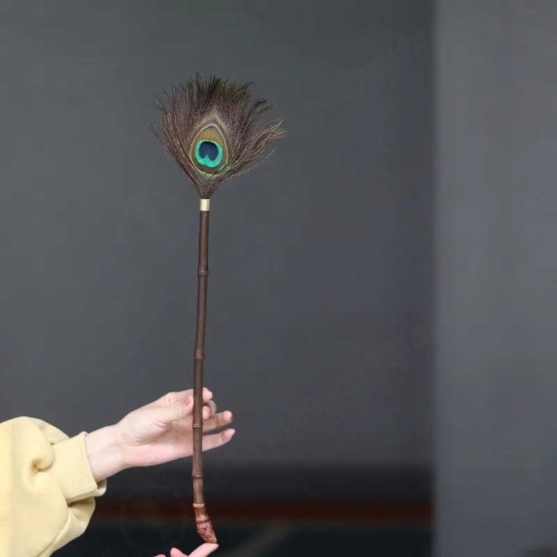 Handmade Purple Bamboo Handle Peacock Feather Duster Dust Cleaning Tool for Tea Table Buddha Statue Home Decor Craft Ornament