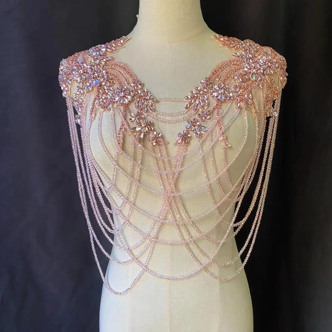 

Luxurious Crystal Rhinestone Chains Pink Patch Fringe Stones Applique for Wedding Dress,Dance Costume,Sparkling Cape Shoulder