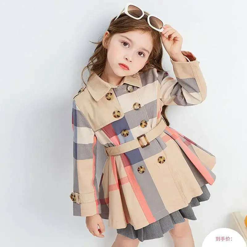 Spring Autumn Girls Trench Coat New Teenage Long Sleeve Trench Jacket Double Breasted Belted Windbreaker Kids Plaid Coat 2-12Y