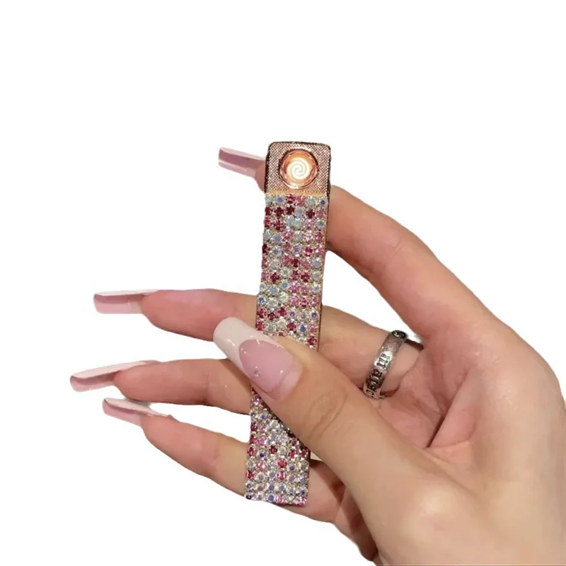 Ultra thin double-sided diamond embedded USB lighter creative charging tungsten ignition silent luxury mini portable lighter