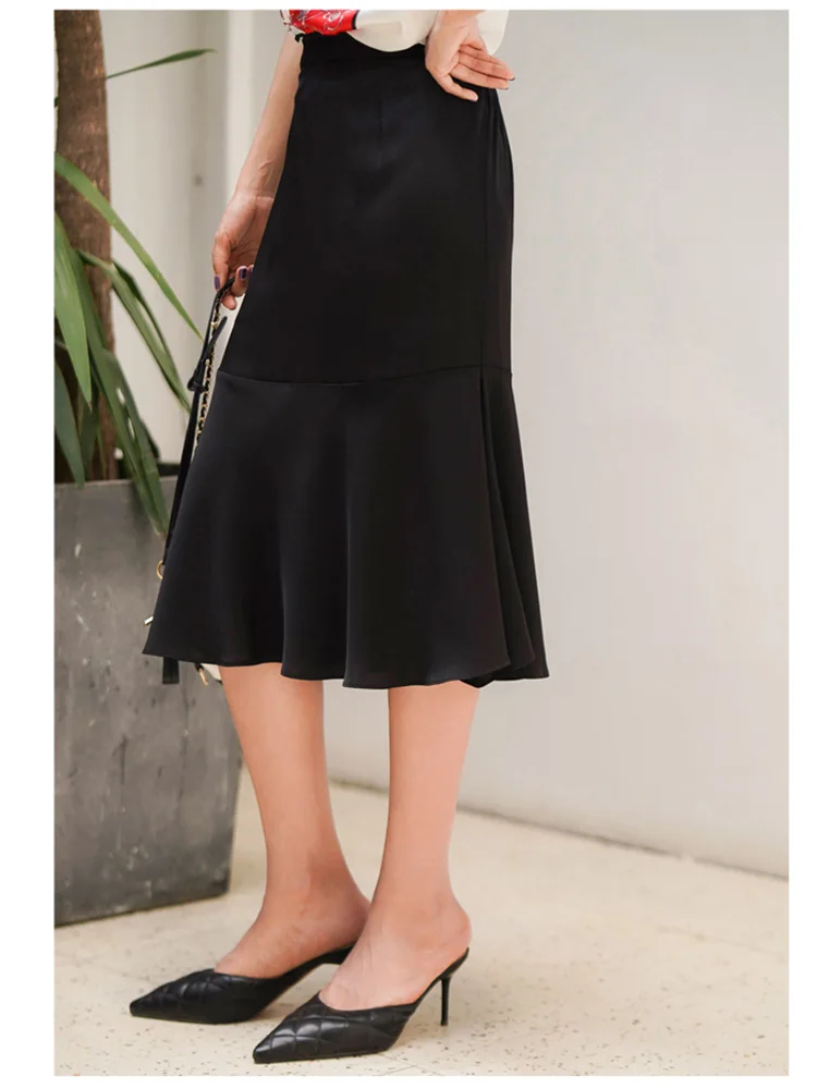 SuyaDream Mermaid Skirt for Woman 93%Silk 7%Spandex Elastic High Waist Solid 2022 Spring Summer Long Chic Skirts Black Navy