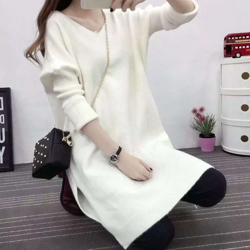 Autumn Winter Solid Color V-Neck Loose Lengthen Tops Fashion Women\'s Clothing Korean All-match Long Sleeve Split Knitted T-shirt