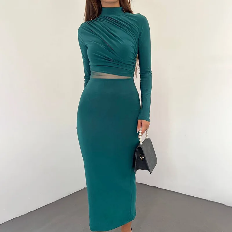 

Autumn New Sexy Long Dress With Fashionable Temperament, Waist Perspective Pleated Slim Fit Dress