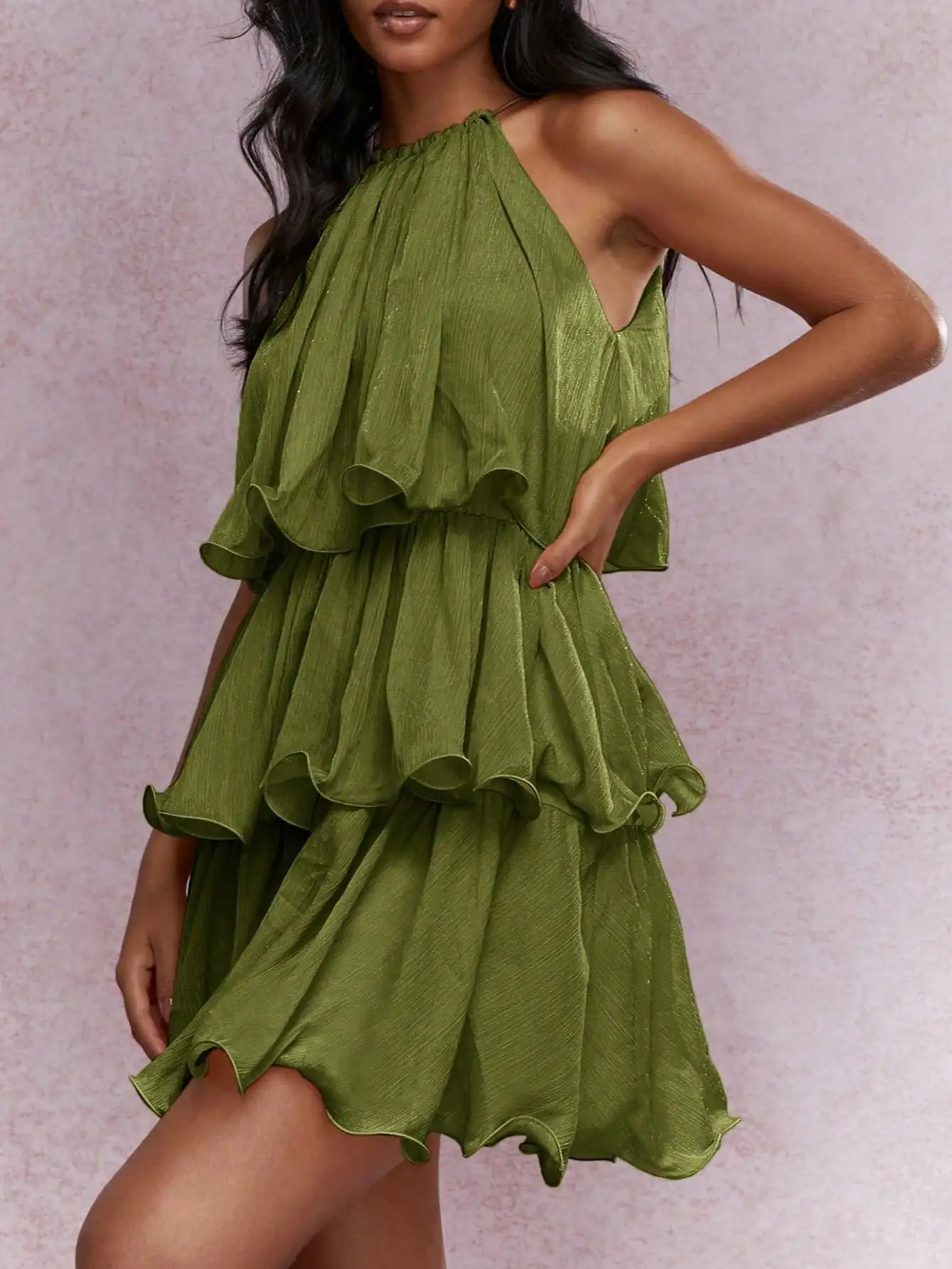 Feminino boho elegante em camadas plissado mini vestido sem mangas halter pescoço vestido de festa st plissado flowy verde roupa de férias