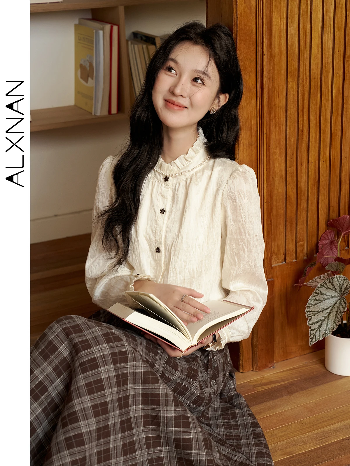 

ALXNAN Sweet Preppy Style Shirts for Women Vintage Flower Button Ruffled Neck 2024 Trendy Elegant Female Casual Clothes L39656