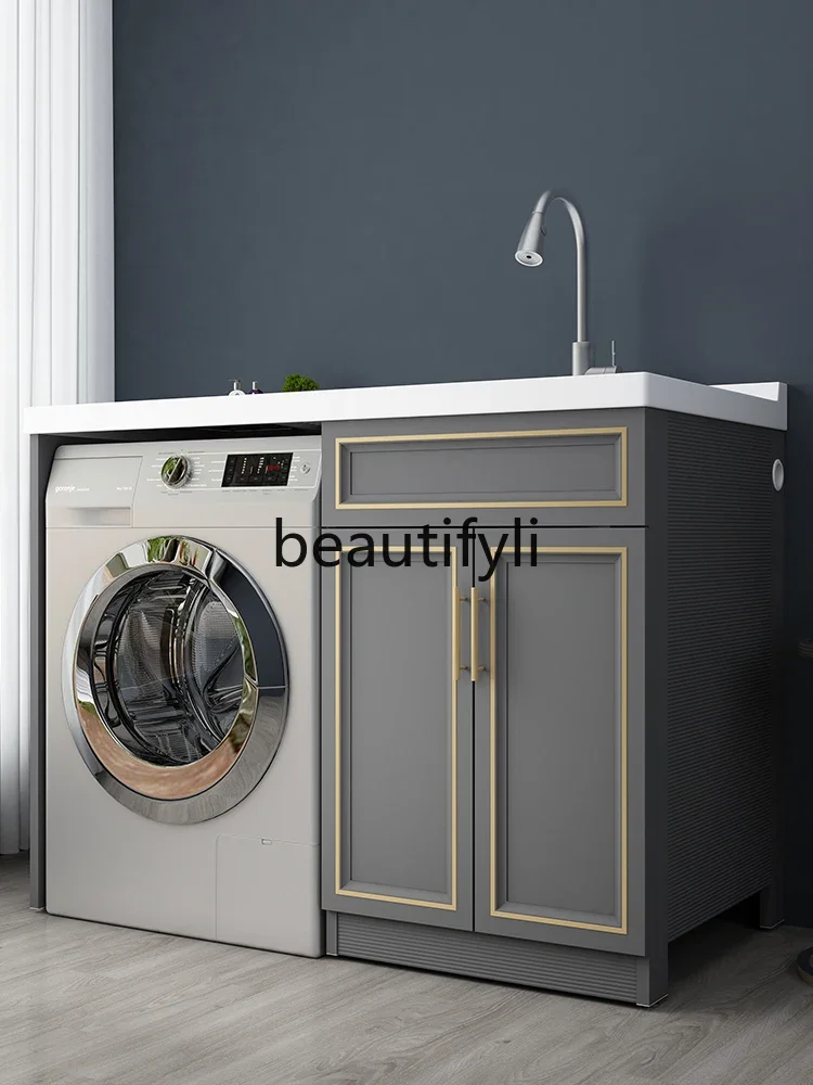 FG26Light luxury solid wood laundry cabinet with rubbing board balcony roller combination cabinet washbasin significant other