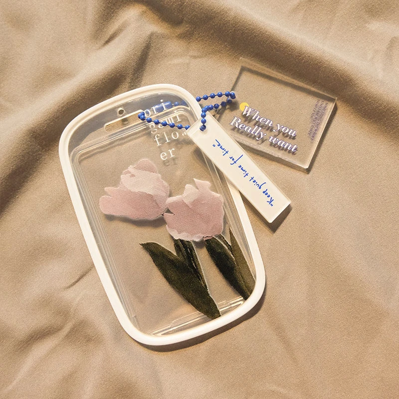 Pretty Tulip Transparent Photo Card Holder Design Idol Photo Sleeve Anti Lost Keychain Photocards Protector Case Student Card