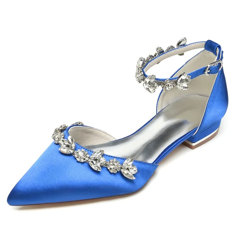 2024 Pointed Silver Insole Flat Sole Sandals 36-43 Rhinestone Satin Women Sandals Ribbon Flower Sweet Sandals Thick Heel Pumps