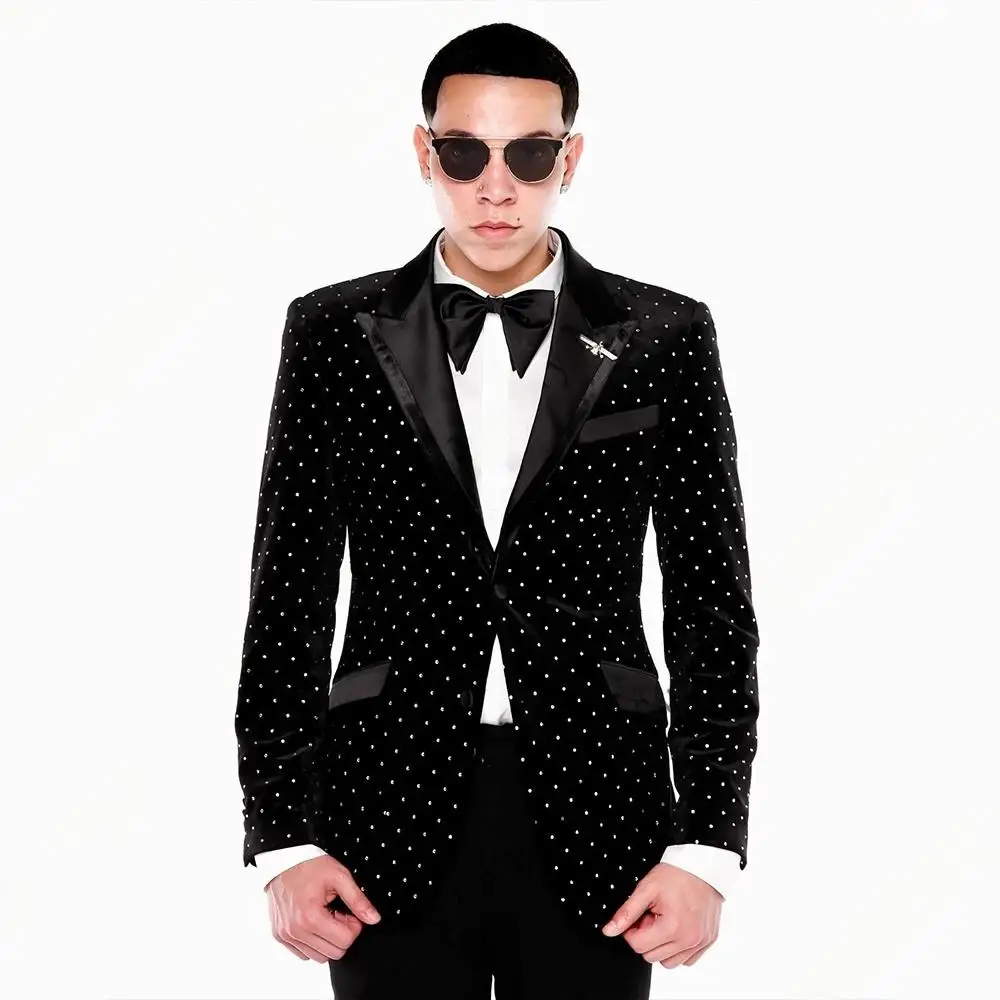 

Черный бархатный мужской костюм с бисером, деловой смокинг, формальный жених, свадебная вечеринка, выпускной, мужской комплект из 2 предметов, пиджак, брюки, одежда для жениха
