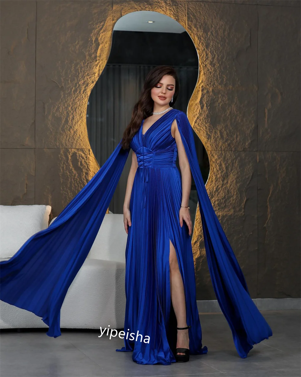 Jiayigong-Robe longue drapée en satin avec col en V, tenue d'anniversaire, sur mesure, Arabie Saoudite