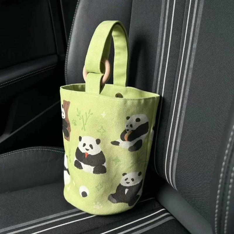 Bolso de mano de lona con estampado de dibujos animados de Panda, Mini bolsa de cubo portátil, bolsa de almuerzo linda, bolsa de almacenamiento informal de viaje, nueva tendencia que combina con todo