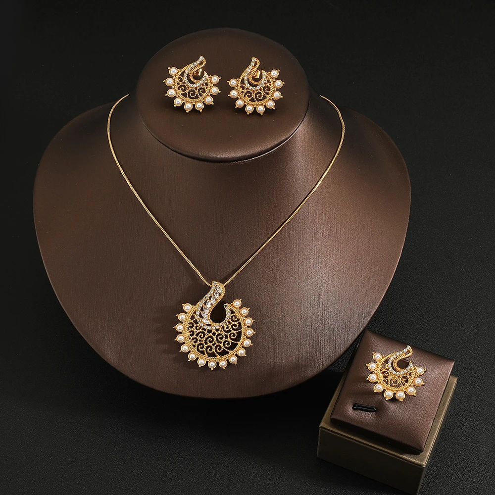 2024 Hot sale Classic Zircon Geometric Flower Pendant necklace earring Ring 3PCS set Dubai Nigeria wedding Bridal Jewelry Set