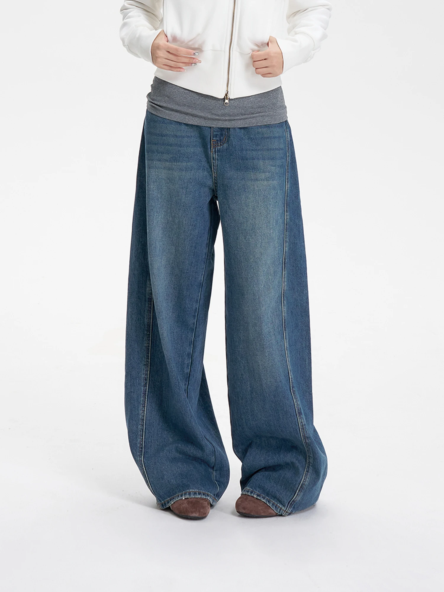 

Ретро-джинсы женские темно-синие с высокой талией, широкими штанинами и эффектом стройности, универсальные, зимние, в пол