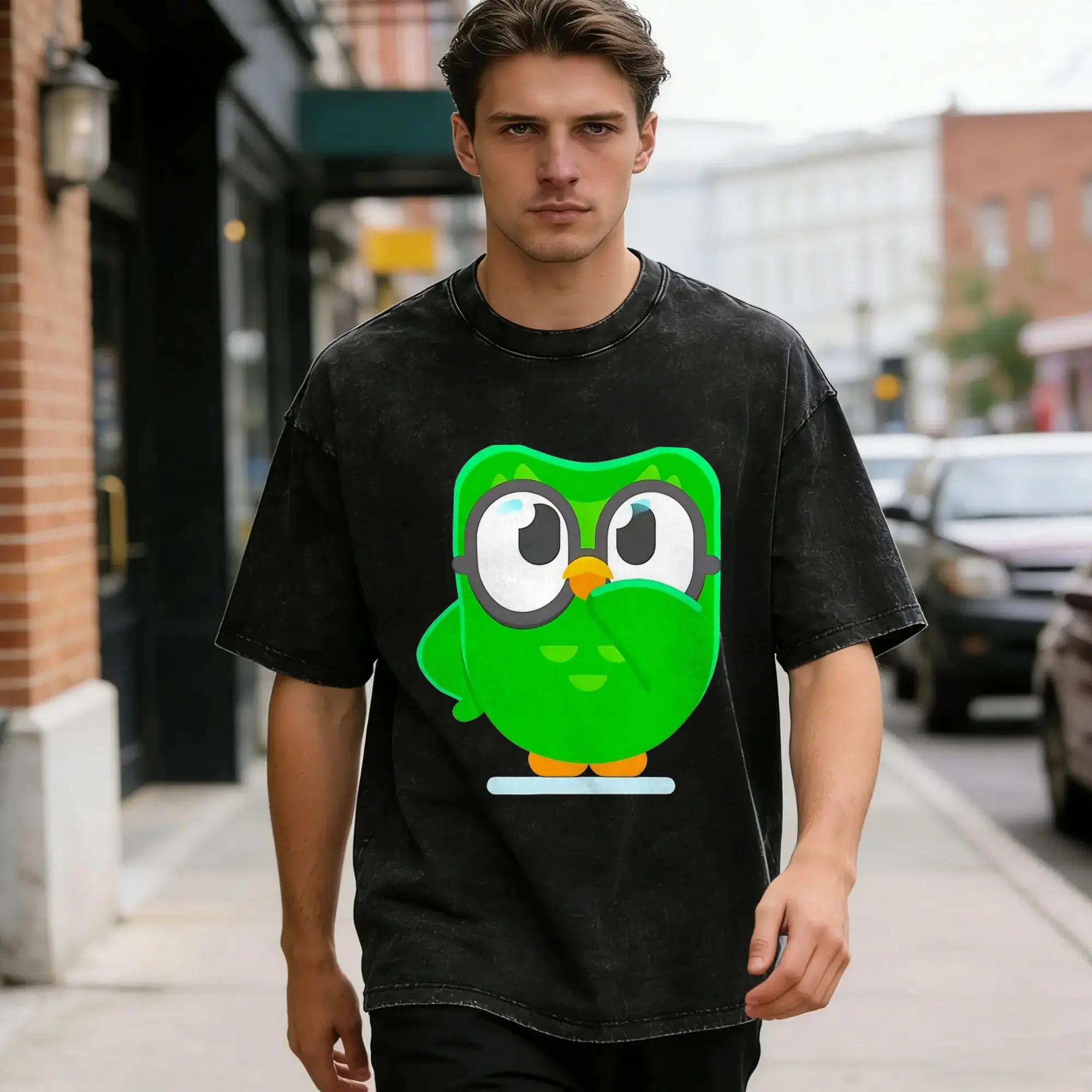 Mens T-Shirt Owl Washed T Shirts Harajuku Funny Duolingos Meme  Summer Tee Shirt Y2K Funny Pattern Cotton Clothes Gift Idea