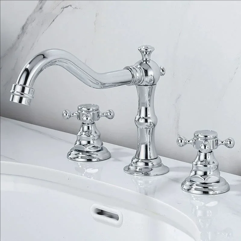 

Copper 3-hole wide bathroom sink faucet set, solid brass cross handle sink faucet with pop-up drain and hose(Gold/Silver/Black)