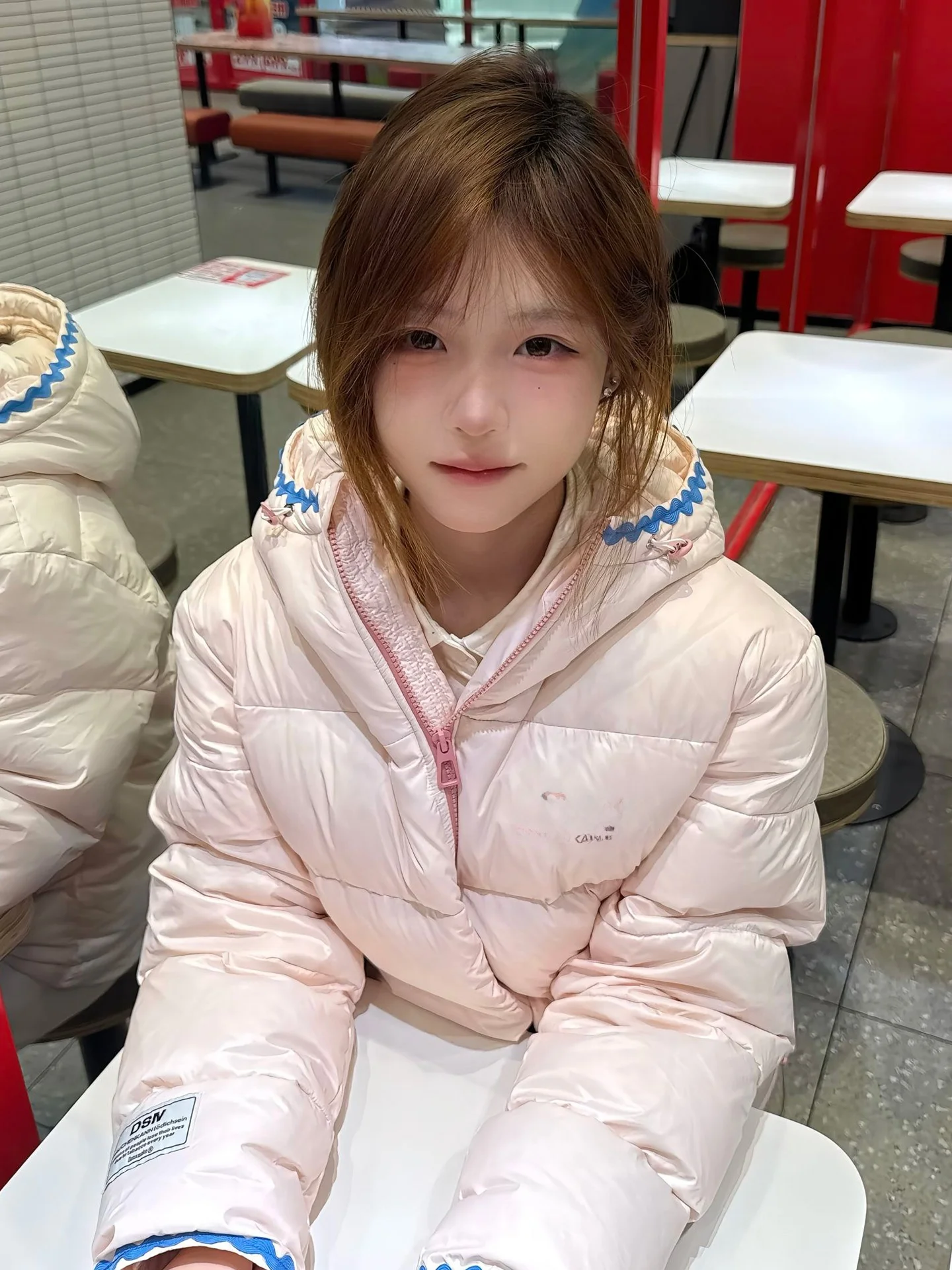 

Pink Short Cotton Jacket Women's Winter Embroidery Lightweight Hooded Coat Warm Loose College Style Outerwear