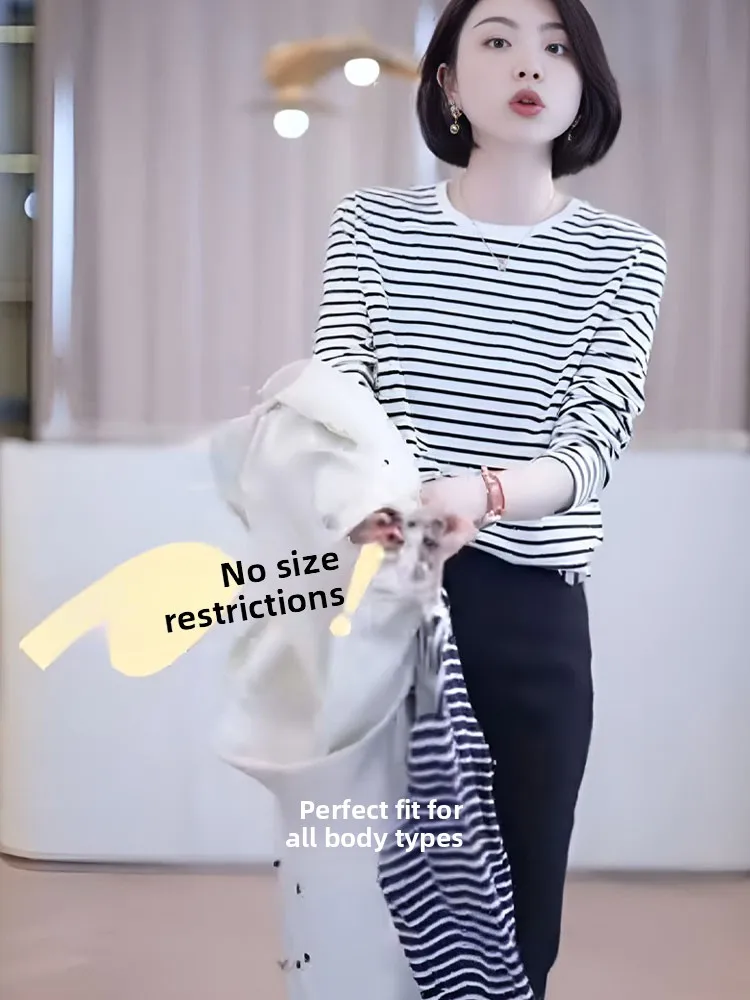 

Утягивающая футболка свободного кроя в полоску с длинным свеком, модный базовый слой, внутренняя одежда, винтажная шелковая ткань, весна-осень