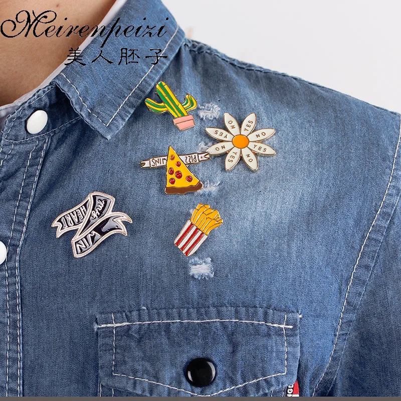 5 Styles Cactus /Yes No Sunflower Shaped Brooches Golden French Fries Pizza Shaped Pins Women Girls Wins My Heart  Badge