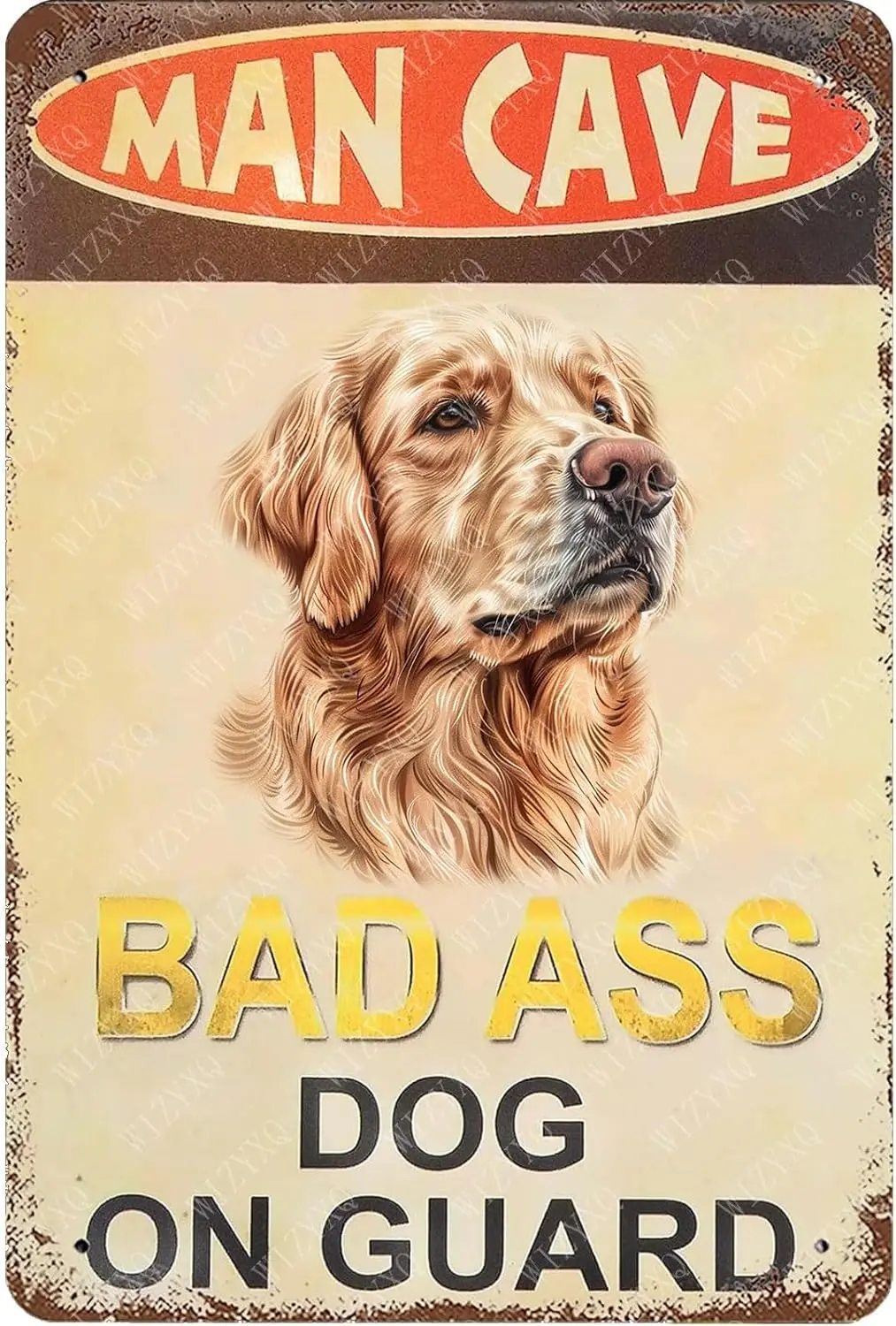 Metal Signs Man Cave Bad Ass Dog On Guard Golden Retriever Sign Vintage Aluminum Tin Sign for Home Living Room Bedroom Bathroom