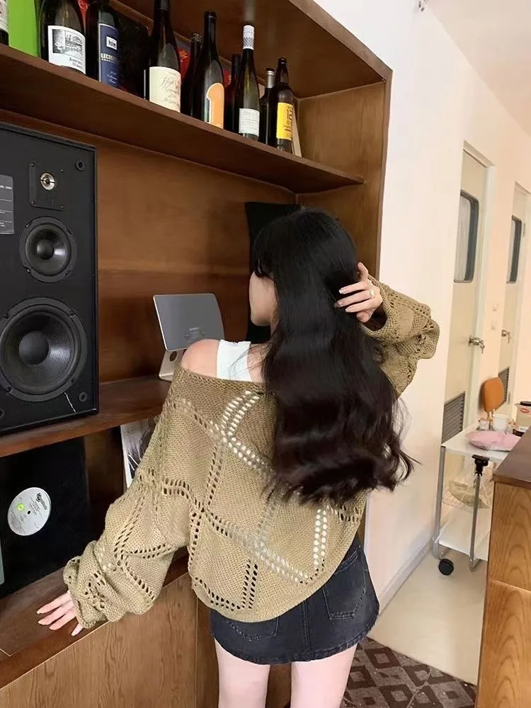 Women Long Sleeve Crochet Knit Hollow Out Crochet Sweater Cover Up Crop Pullovers Knitwear Blouse Vacation Boho Outfit DURIKIES