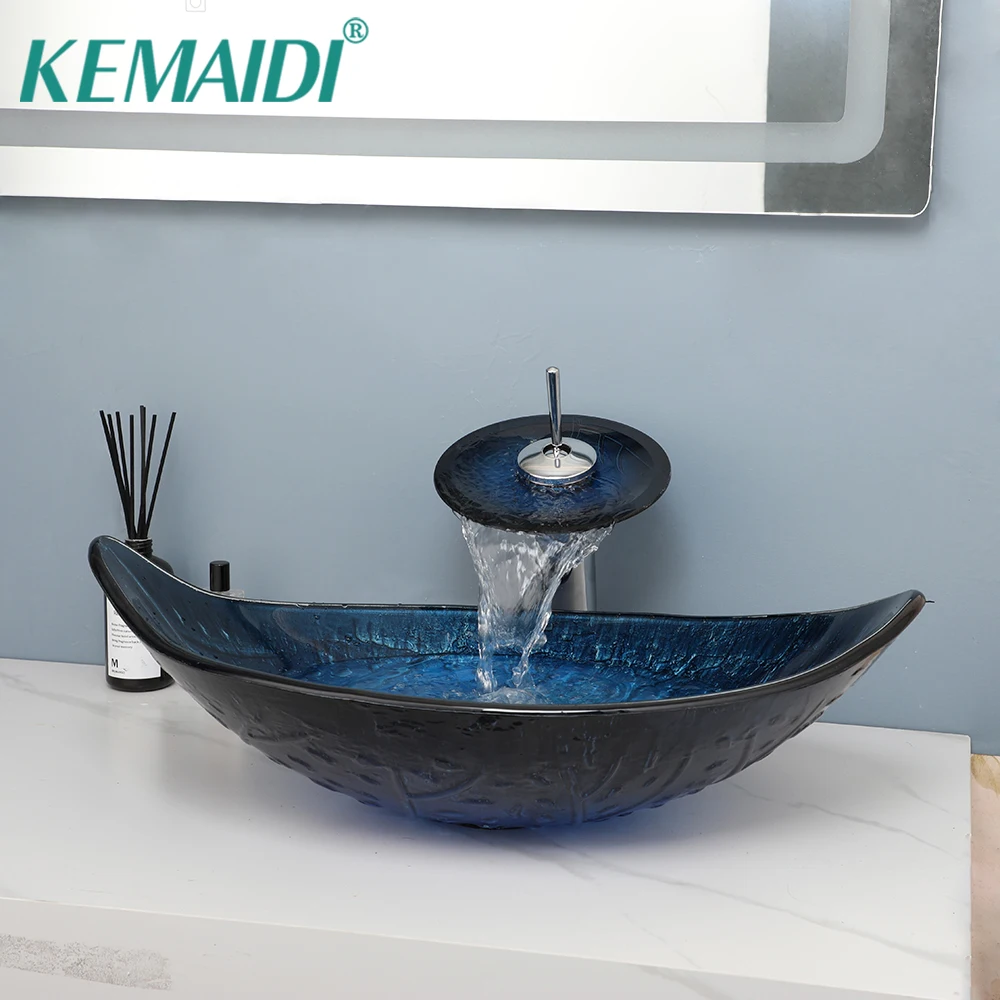 

KEMAIDI 23 "x 14" синяя раковина для ванной комнаты в форме листа, раковина из закаленного стекла, смеситель, комбинированный смеситель для умывальника, чаша, столешница, раковины