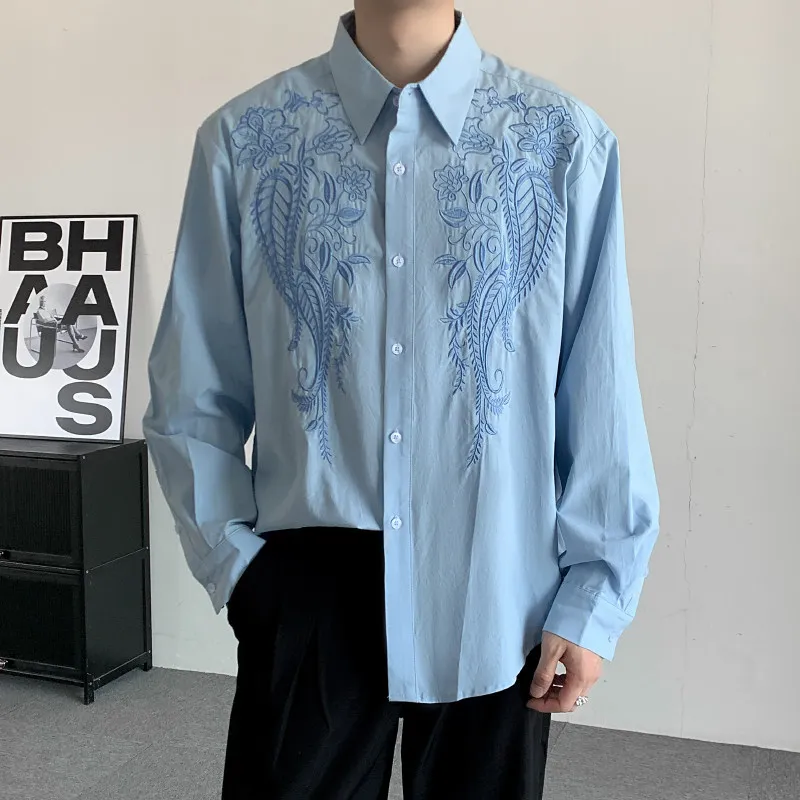 

New Chinese Sle Men's Heavy Embroidery Casual Blue irt Loose Fit Polyester Fiber Long Sve Faionable Upper Body