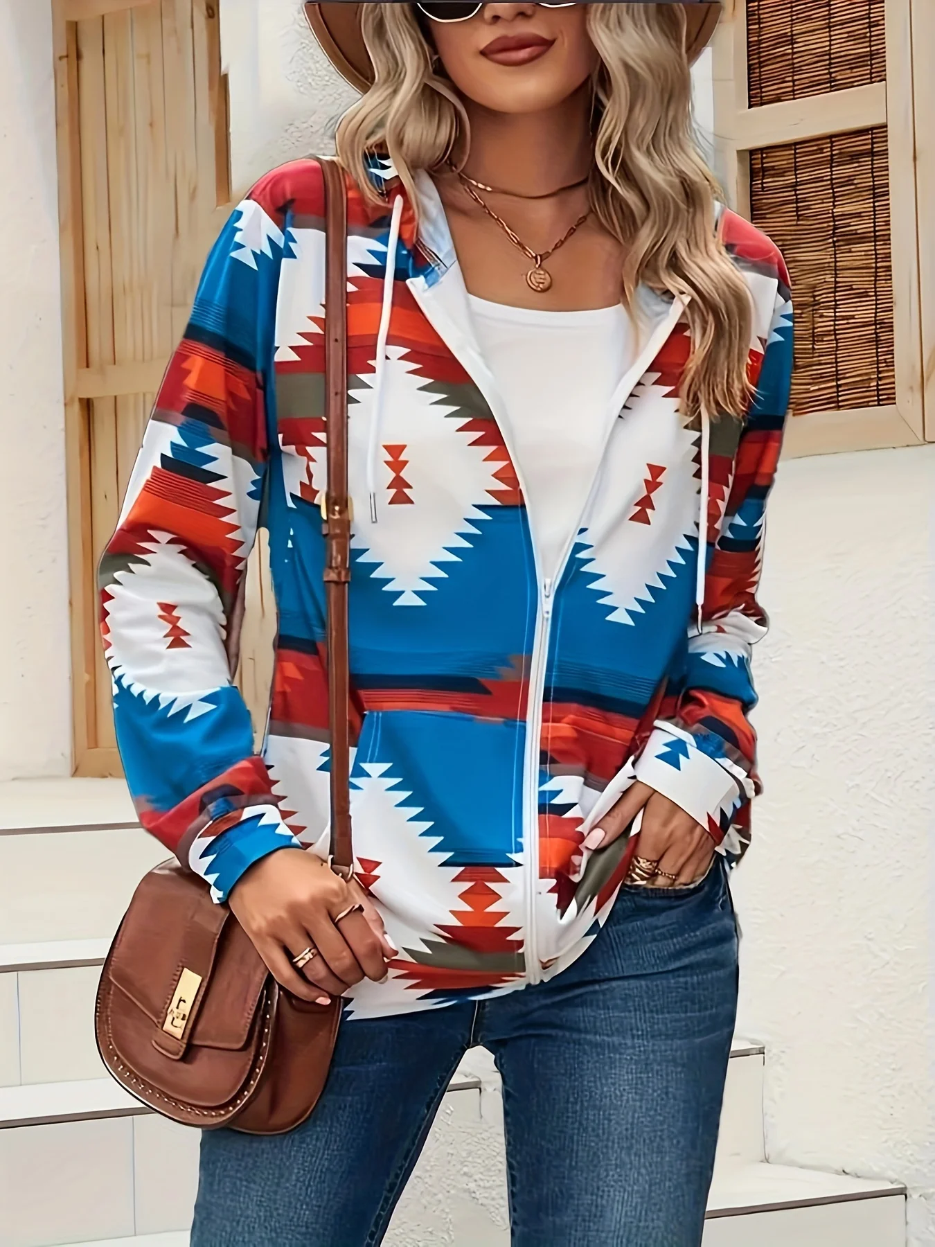 Fall/Winter European and American zipper, hooded, drawstring pocket, printed thin plus size women's long sleeve jacket