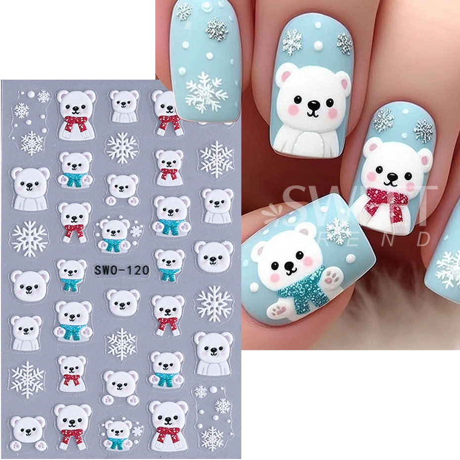 3 stks reliëf kerstsneeuwman nagelstickers schattige kerstman pinguïn beer sneeuwvlokken nagelstickers vakantie manicure decoratie