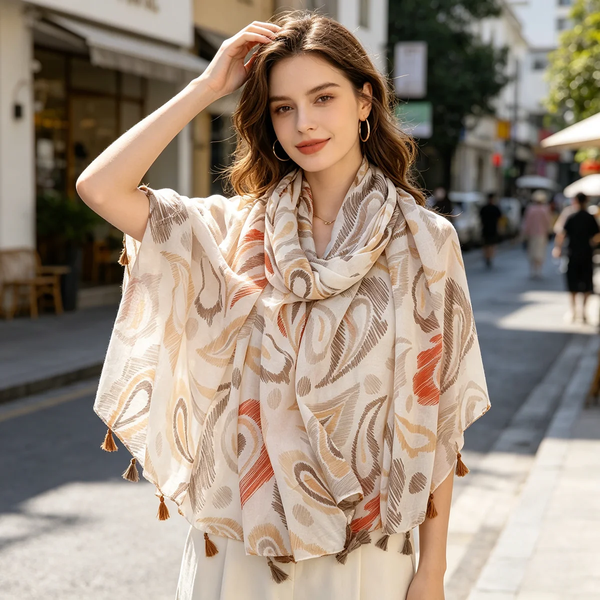 Women's Peacock Feather Tassel Scarf, Retro Abstract Printed Long Shawl 180x88cm Casual Neck Wrap