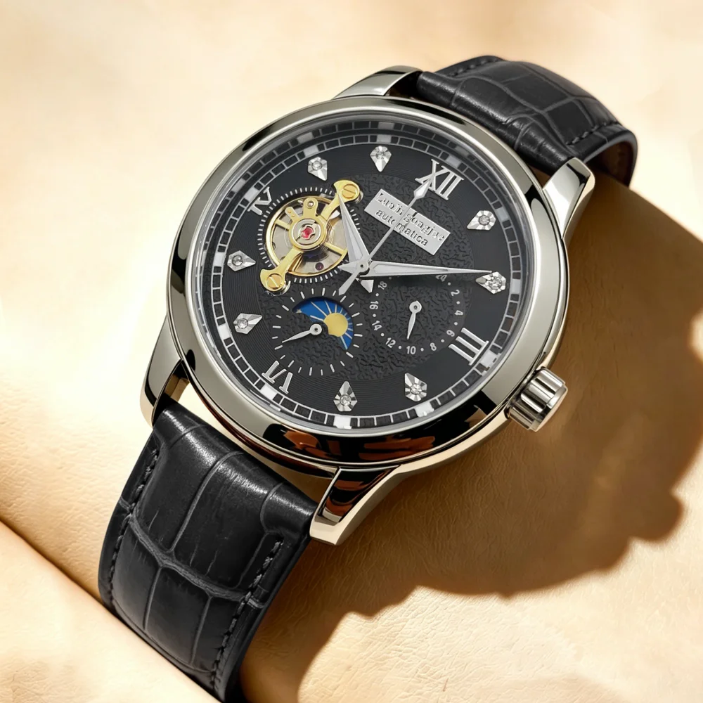 High-End Personalized Hollow-Out Men's Automatic Mechanical Watch, Trendy and Cool Diamond-Encrusted Wristwatch, Moon Phase Multi-Function Luminous Waterproof Leather Strap Men's Watch, Light Luxury Niche Designer Men's Watch, Versatile for Business, Leisure, and Commuting, Tough Guy Trendy Style Men's Mechanical Wristwatch, Perfect Gift
