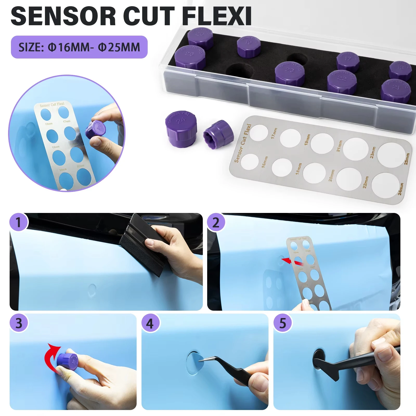 EHDIS Car Radar Sensor Cutting Tool 16~25mm Plastic Diameter Round Radar Hole Safe Cut Out Template Set