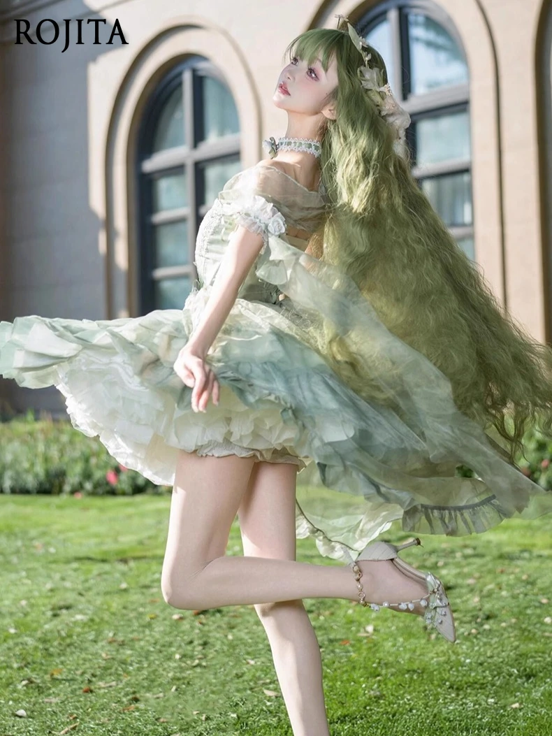 

Green Lolita Dress Women Evening Gown Beautiful Sweet Girl Student Day Adult Princess Short Dress + Choker + Sleeves