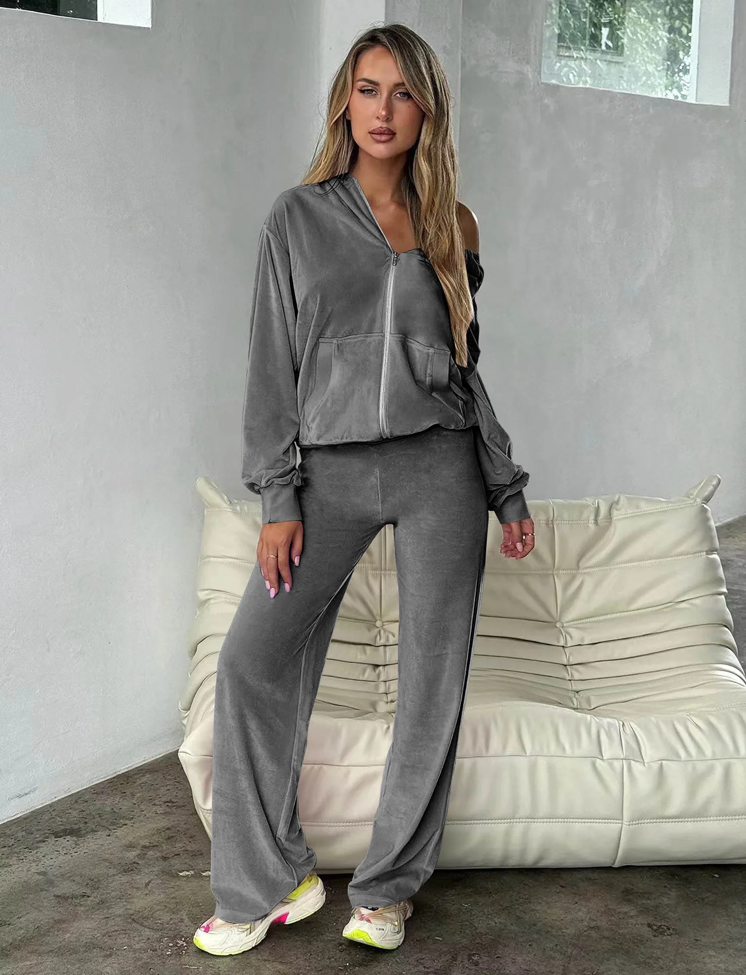 

Stylish Women's Suit Winter Hooded Long-Sleeved Top And Slim-Fit Pant Outfits Solid Color Ladies Two-Piece Set